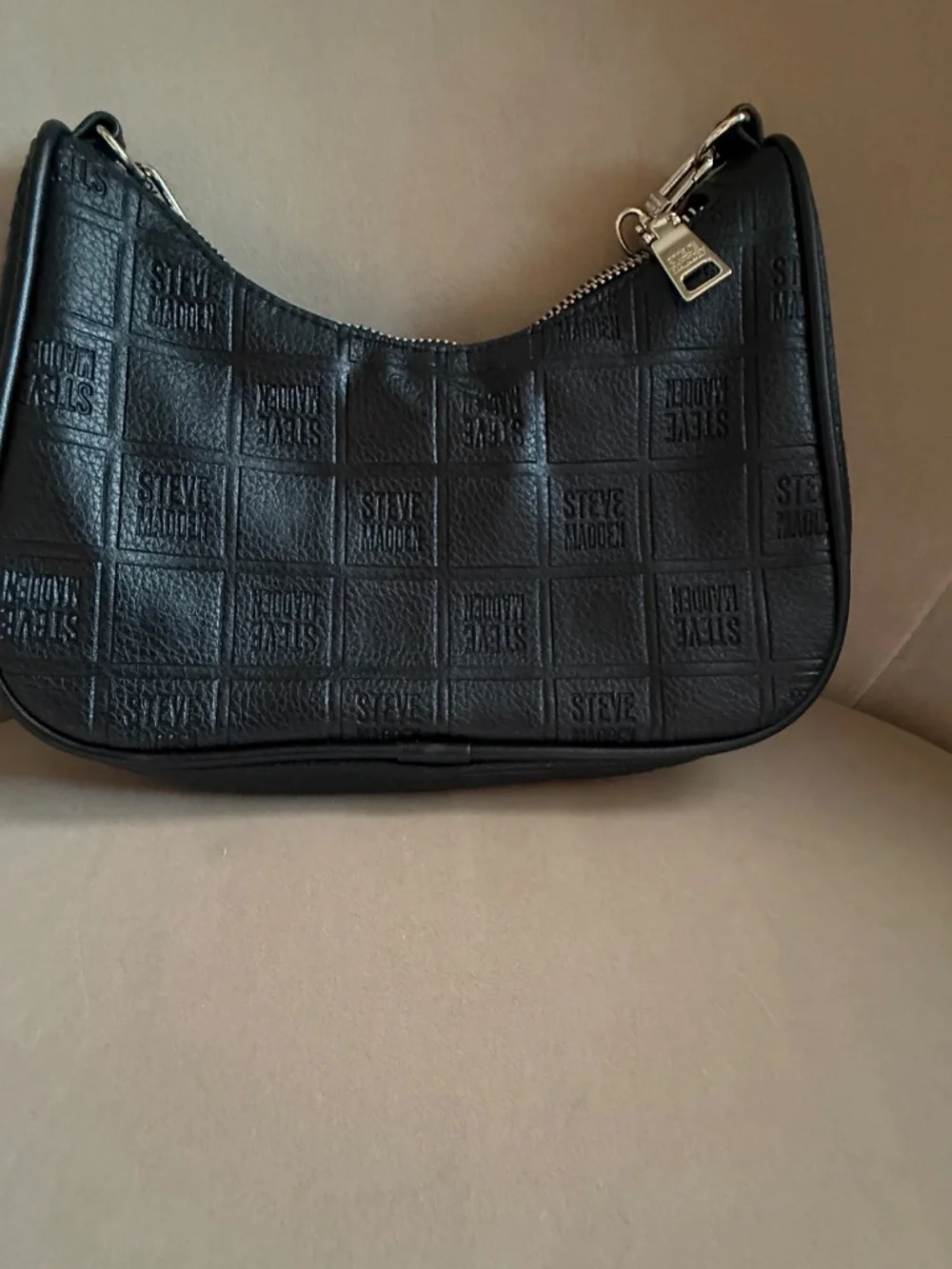 Share Steve Madden Black Shoulder Bag Embossed Logo Chain Strap Hobo Purse